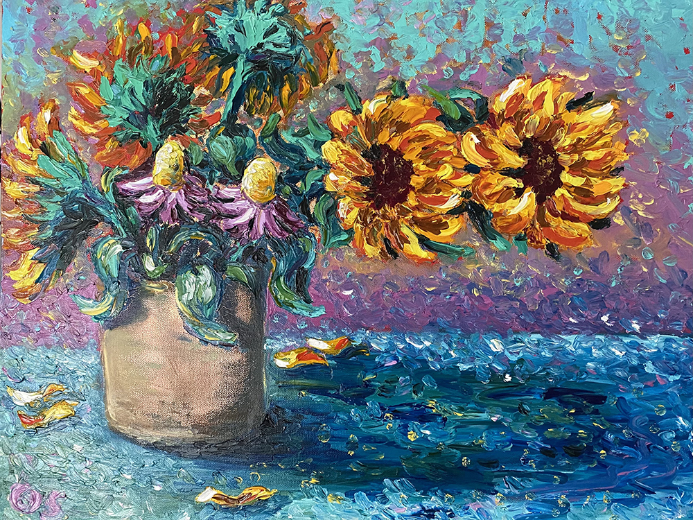 Olga Sunflowers in Copper Bucket